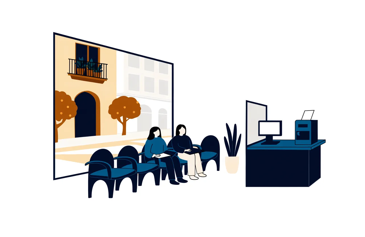 Sala de espera de una oficina de empleo, con sillas, un mostrador y dos personas esperando su turno.